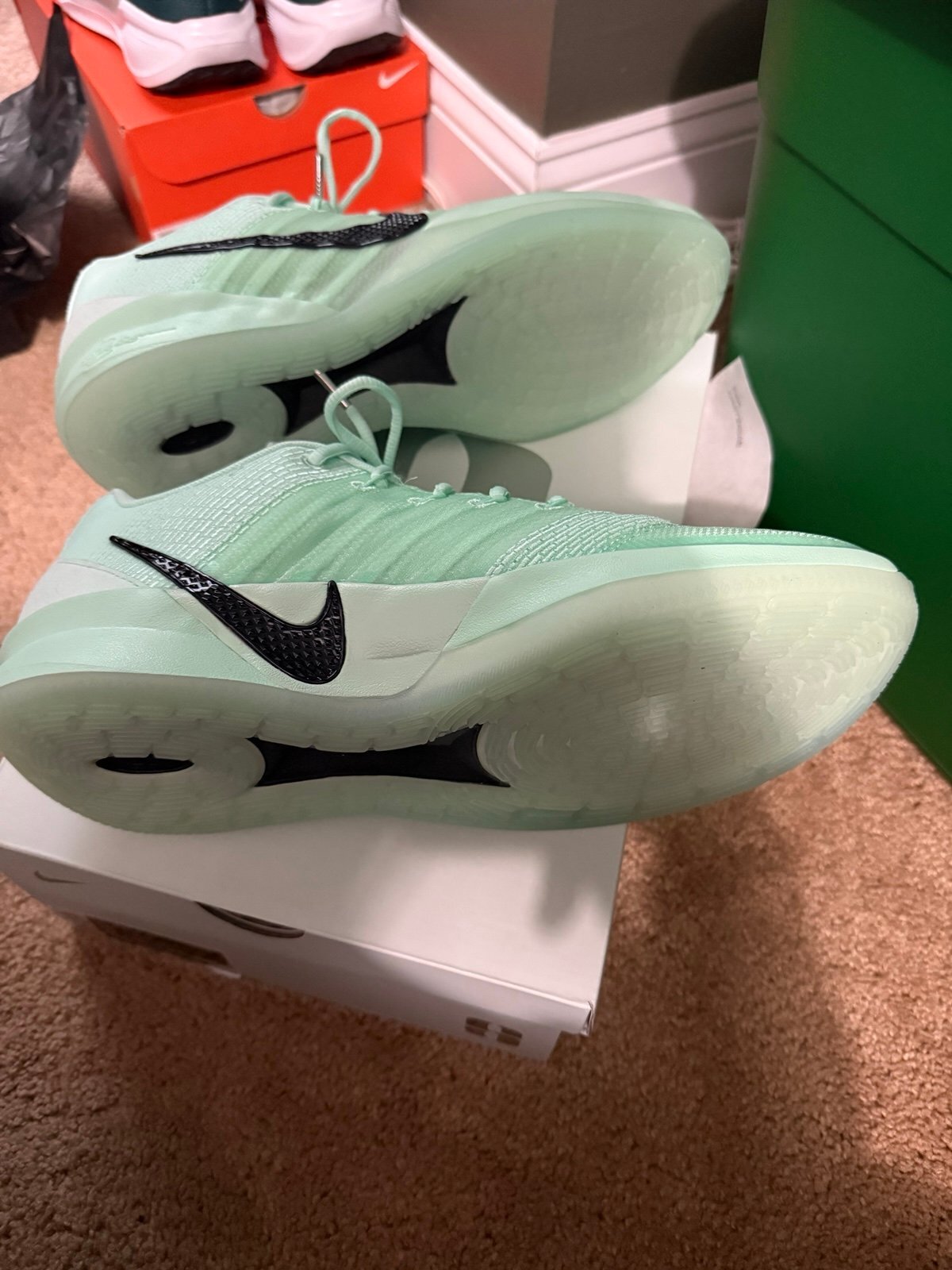 Angled view of Nike Sabrina 3 Statue of Liberty Mint Foam basketball shoe